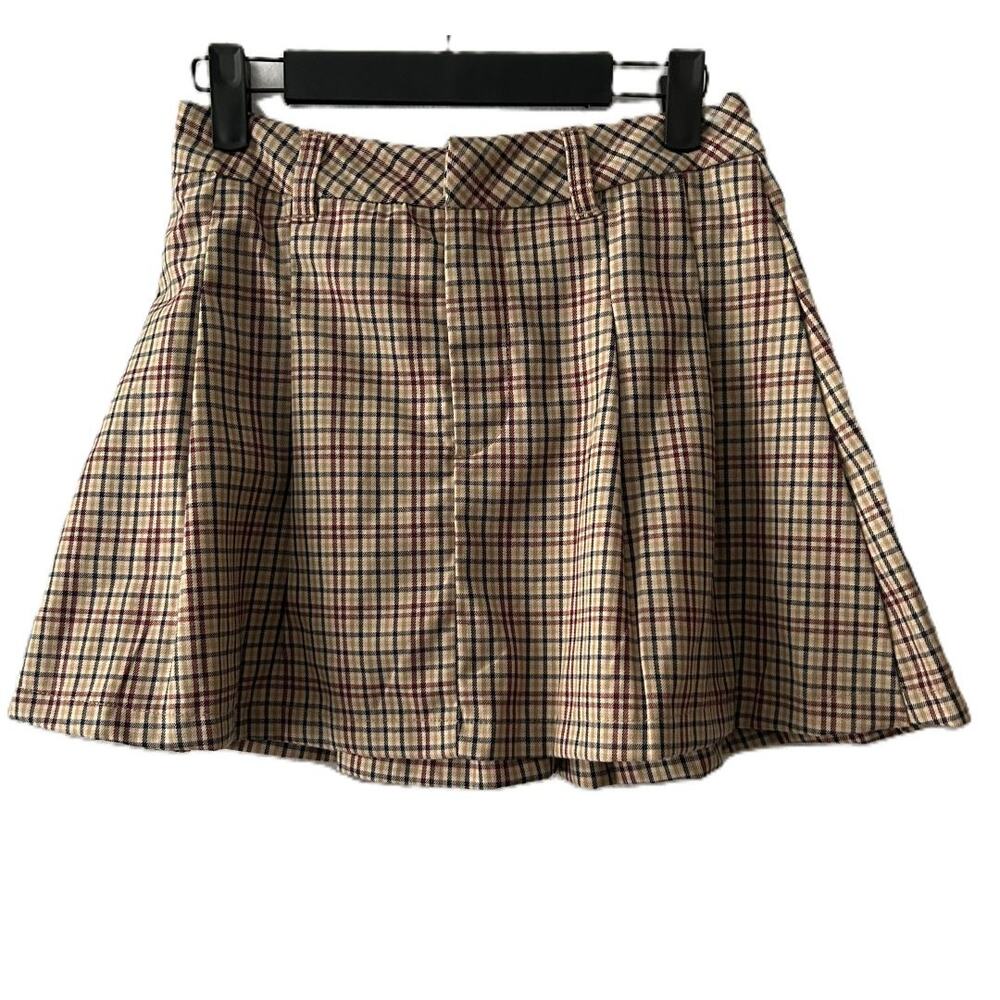 NWT Divided Pleated A-line Tan Burgandy Academia Preppy Plaid Mini Skirt Size XS